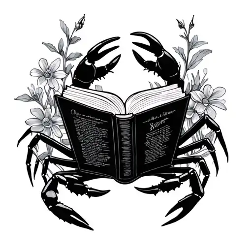 crab with 8 legs reading a book, holding it with its claws, surrounded by larkspur tattoo design idea