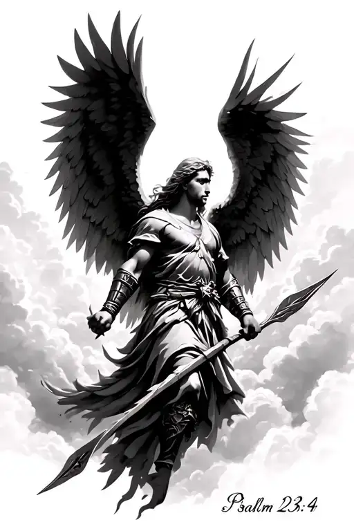 warrior angel with wings and a spear flying coming out the clouds from a side angle realistic with psalm 23:4 below tattoo design idea