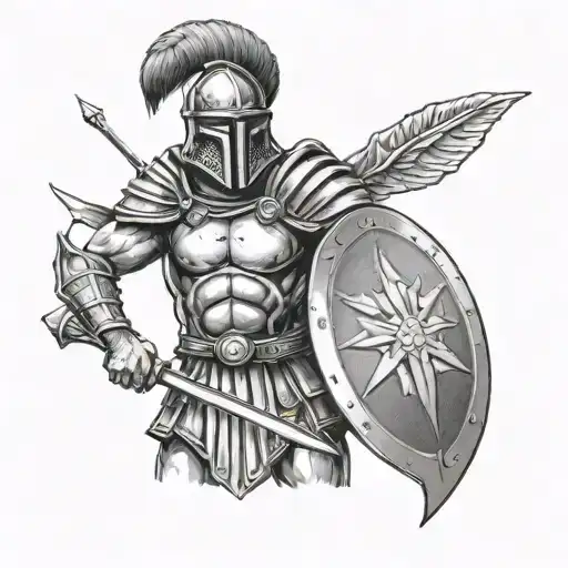 realistic  athenian hoplite ready for war with his shield and gladius tattoo design idea