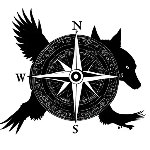 Compass with animals representing each cardinal direction: wolves for the north, flies for the east, birds for the south tattoo design idea