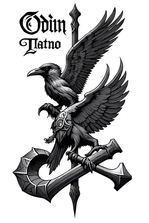 Odin's name with odins raven and thors hammer tattoo design idea