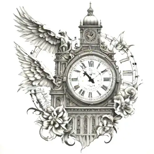 Big Ben clock and Brooklyn bridge and skeleton key and baby angel tattoo design idea