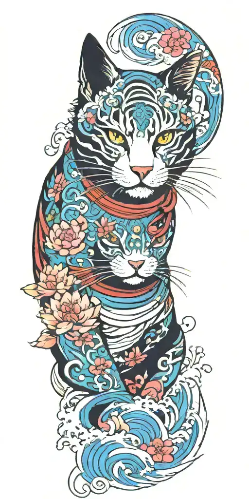 samurai cat, water, waves, lotus, sakura, clouds, whirlpool, leaves, peony, tree tattoo design idea