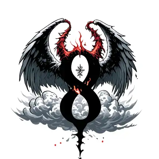 achangel michael killing satan, number 8 cursive font, clouds, realistic, b&w, snowflake tattoo design idea