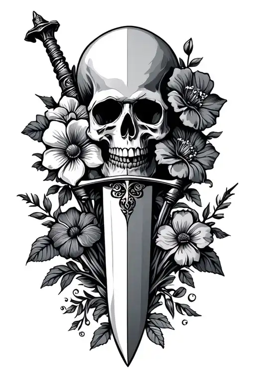 skull dagger and flowers growing tattoo design idea