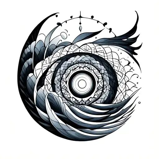 geometric tattoo, ocean waves merging with concentric mandala patterns, abstract sacred geometry, balance and depth tattoo design idea