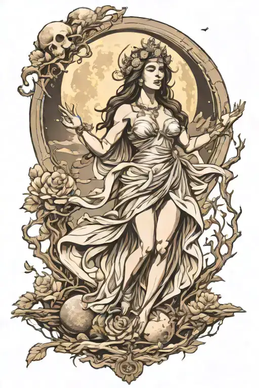 wisdom goddess full body standing front facing raised hand powerful sexy full moon rising tattoo design idea