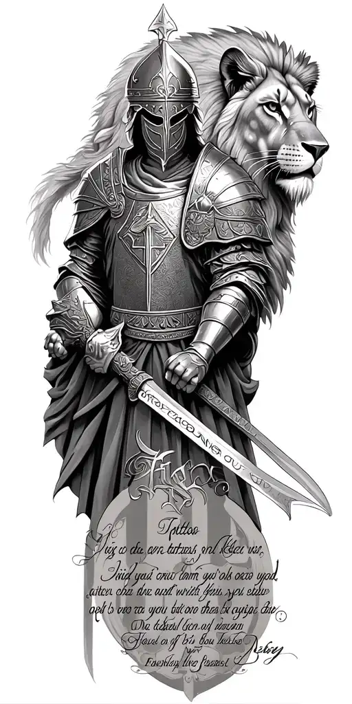 knight templar with a lion and a warrior bible verse written tattoo design idea