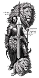 knight templar with a lion and a warrior bible verse written tattoo design idea