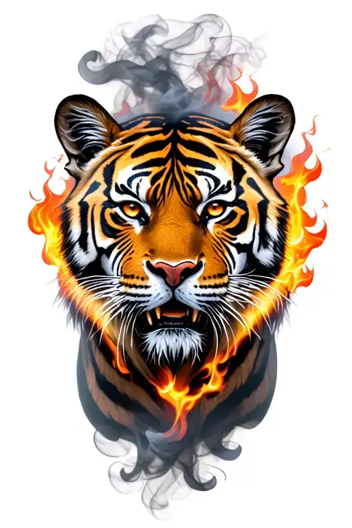 Tiger front facing made of smoke and flames tattoo design idea