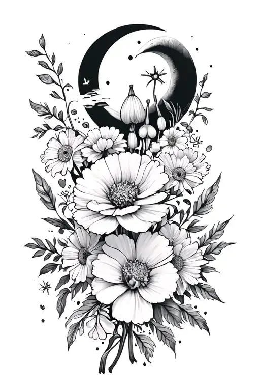 floral leg piece, large carnation, large marigold, smaller snowdrops and cosmos, foliage, cresent moon and sun top and b tattoo design idea