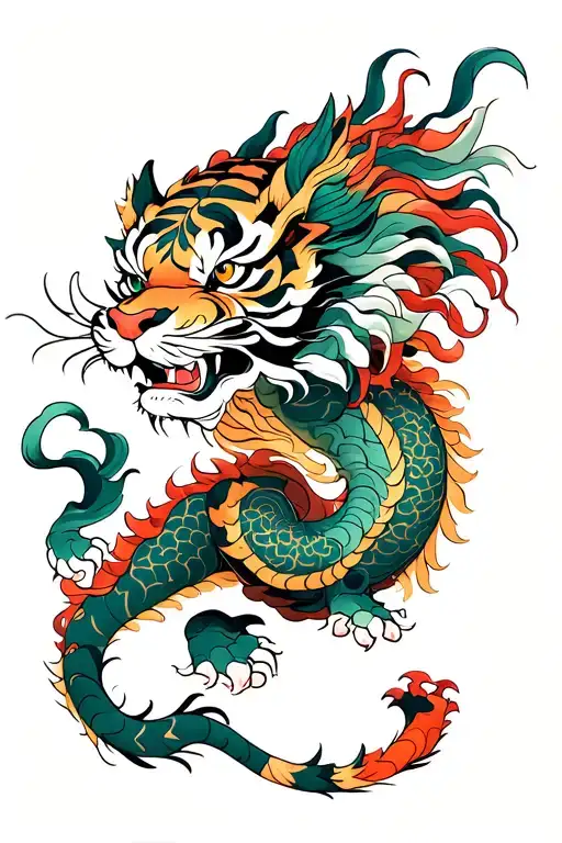 dragon, Tiger, and foo dog oriental japanese tattoo tattoo design idea