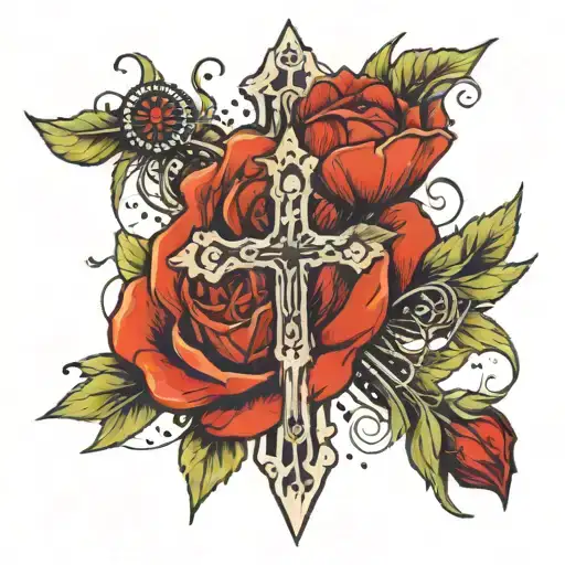  a cross tattoo with a yellow rose and a red poppy with little black poppy seeds on top of the cross  tattoo design idea