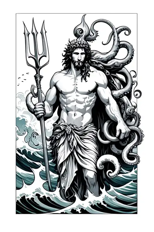 poseidon with trident and octopus legs on waves crashing in the background but trident on him hand and like a war shape tattoo design idea