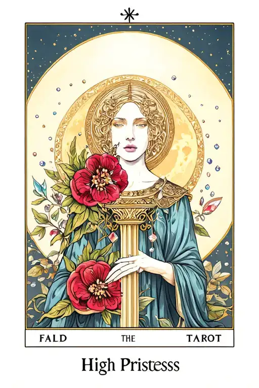 The High Priestess Tarot, full moon, pillars, pearls, florals, pomegranate, crystals, Art Nouveau, Gemini tattoo design idea