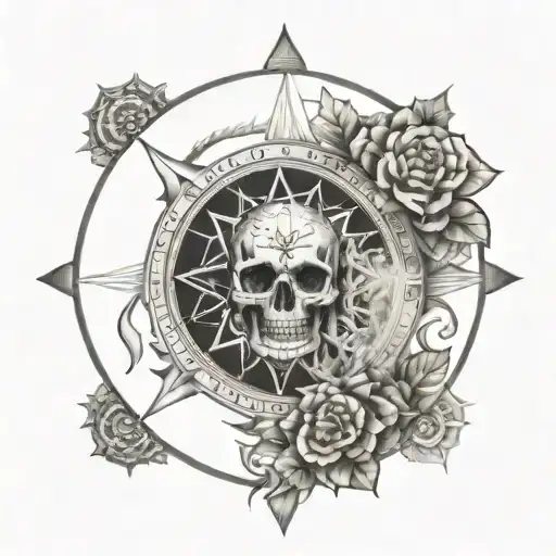 WHEEL OF DHARMA WITH THE 7 CHAKRAS, Macabre skull located in the center of the wheel NATURAL ELEMENTS tattoo design idea