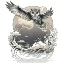 full moon with whimsical clouds a flying owl and a koi fish jumping from the water  tattoo design idea
