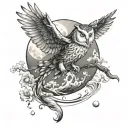 full moon with whimsical clouds a flying owl and a koi fish jumping from the water  tattoo design idea