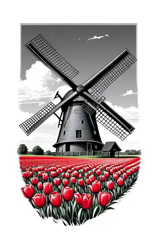 Dutch windmill with tulip field tattoo design idea