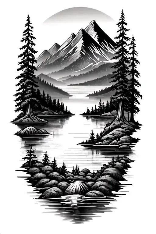 main dotwork tattoo, simple maori inspiration in background and in front (also mixed) a lake, with mountain and forest tattoo design idea