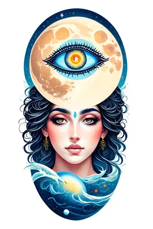 a beautiful and enlightened being has a third eye on forehead and is in space crossing the moon  tattoo design idea