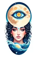 a beautiful and enlightened being has a third eye on forehead and is in space crossing the moon  tattoo design idea