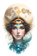 a beautiful and enlightened being has a third eye on forehead and is in space crossing the moon  tattoo design idea