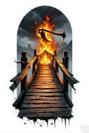 old worn down wooden bridge with a reaper far away nearly out of sight broken planks and fire tattoo design idea