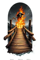 old worn down wooden bridge with a reaper far away nearly out of sight broken planks and fire tattoo design idea