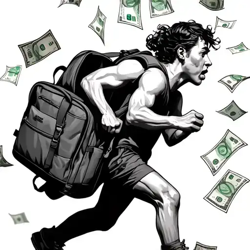 A half-open backpack with arms and legs running, dropping 50 and 100 euro bills along the way, no persons tattoo design idea