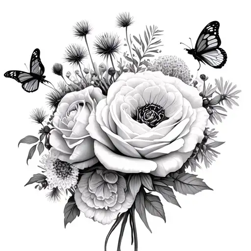 flower bouquet with butterfly ranunculus, amnesia rose, loli spray rose, thistle, astrantia, and queen anne's lace tattoo design idea