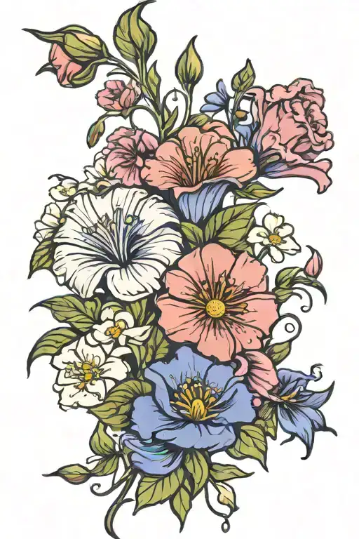 aster, morning glory, carnation, snowdrop flowers tattoo design idea