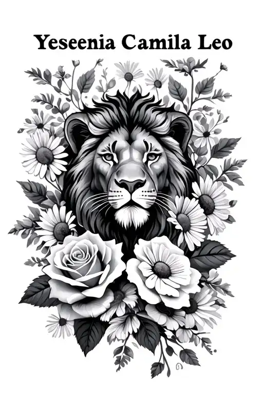 "Yessenia Camila Leo " Roses Chamomile flowers and a small lion head tattoo design idea