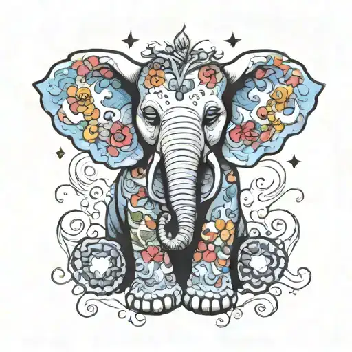 fantasia elephant in grateful dead bears style with LSD & psilocybin molecules incorporated  tattoo design idea