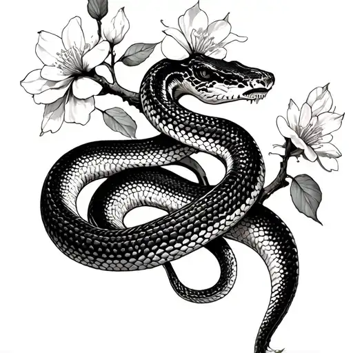 Snake with cherry blossoms in fine black fine line like the Lakestone book tattoo design idea