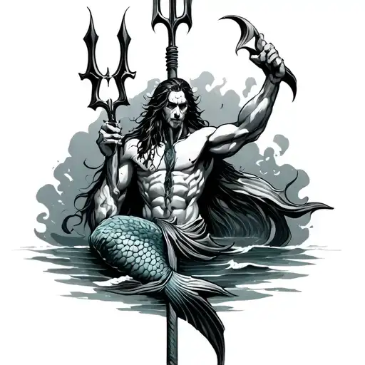 evil merman holding trident tattoo design idea