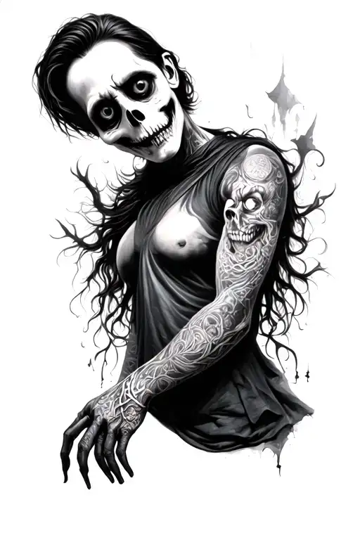 Tim burton movies inspired full arm sleeve tattoo design idea