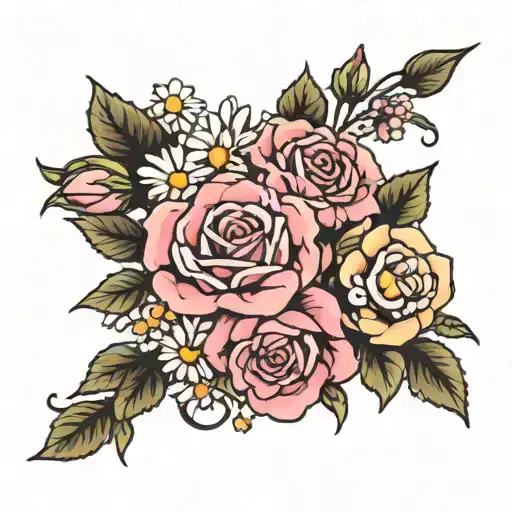 pink rose and white daisy bouquet tattoo design idea
