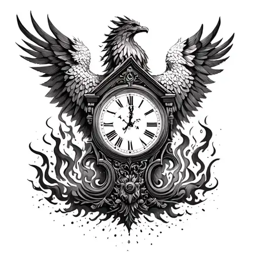 Grandfather Clock burning with phoenix tattoo design idea