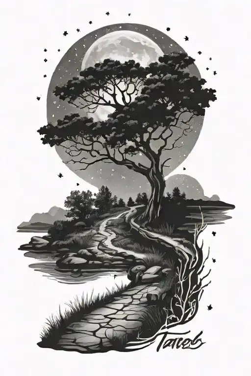 A rough stony path with trees at the edge and the night sky with stars on the horizon. In the foreground the lettering “ tattoo design idea