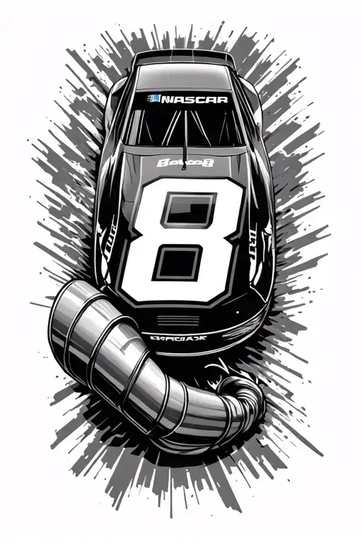 nascar number 8 on track with exhaust coming out on the back of forearm tattoo design idea