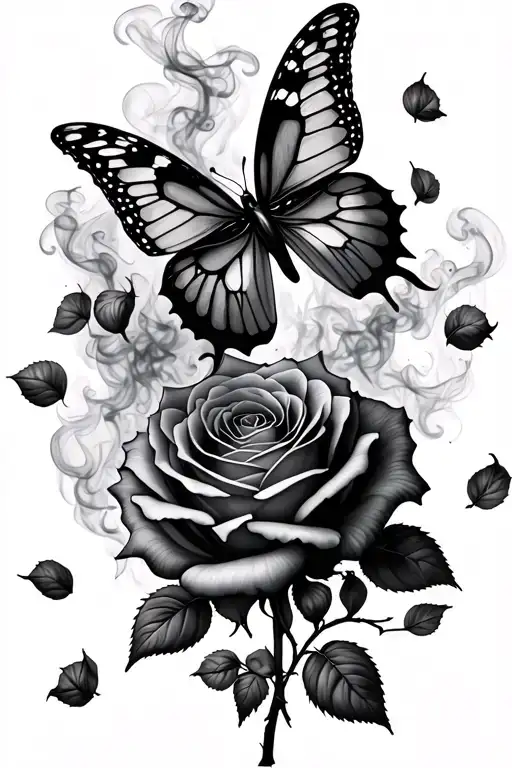butterfly, two thorny roses surrounding, falling rose pedals fading into smoke, barbed wire wrapping tattoo design idea