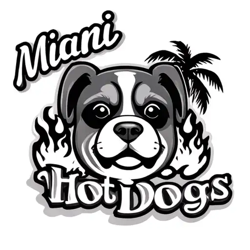 "Miami Hot Dogs" cartoon dog face and fire and palm tree tattoo design idea