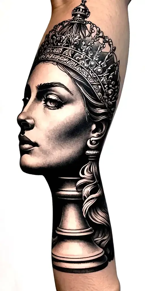 Blackwork traditional tattoo sleeve design on an arm, featuring: A bold Black & White Traditional Chess Queen as the cen tattoo design idea