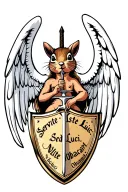 Angel with a sword and a shield at the feet, the wing is white and black. The shield is a chipmunk and the inscription on the shield Servite Luci, Sed Nolite Obcaecari tattoo design idea