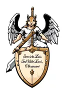 Angel with a sword and a shield at the feet, the wing is white and black. The shield is a chipmunk and the inscription on the shield Servite Luci, Sed Nolite Obcaecari tattoo design idea