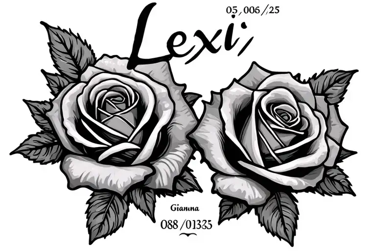 "Lexi 05/06/25 Gianna 08/03/25" 2 roses with names written tattoo design idea