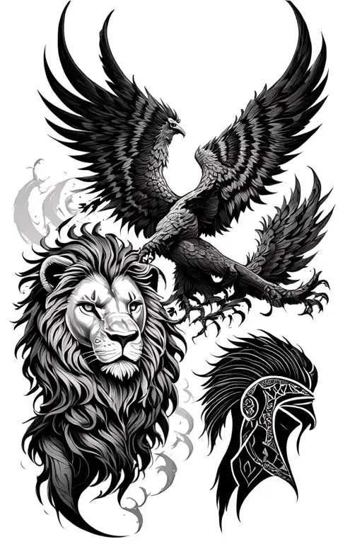 phoenix rising with Lion and spartan warrior tattoo design idea