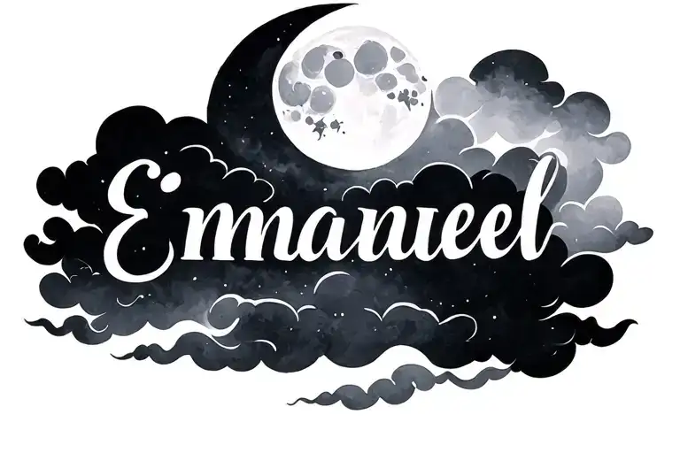 moon and clouds with word Emmanuel  tattoo design idea