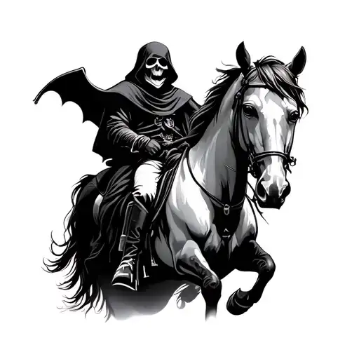 grim reaper smiling riding horse tattoo design idea